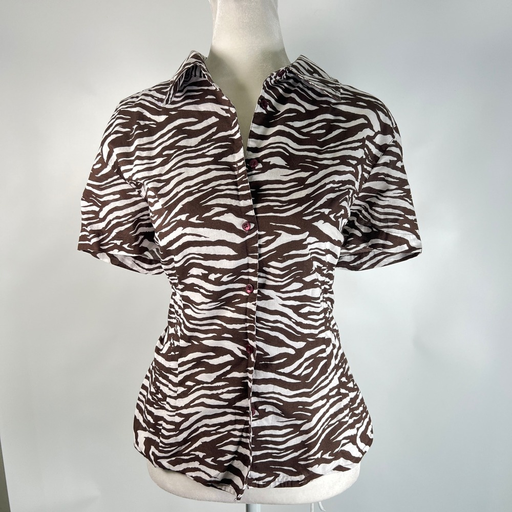 Jones New York Cotton Brown Zebra Print Button Up Shirt Short Sleeve Large Y2K